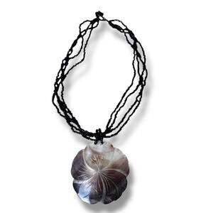 Vintage Mother of Pearl Carved Floral Pendant Black Seed Bead Necklace Boho